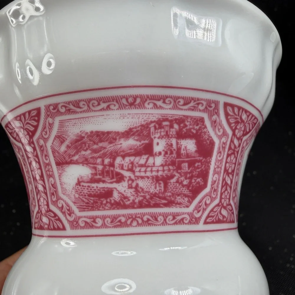 Heinrich Germany Porcelain Vase Pink White Scenic Transferware Castle 4.5Inch